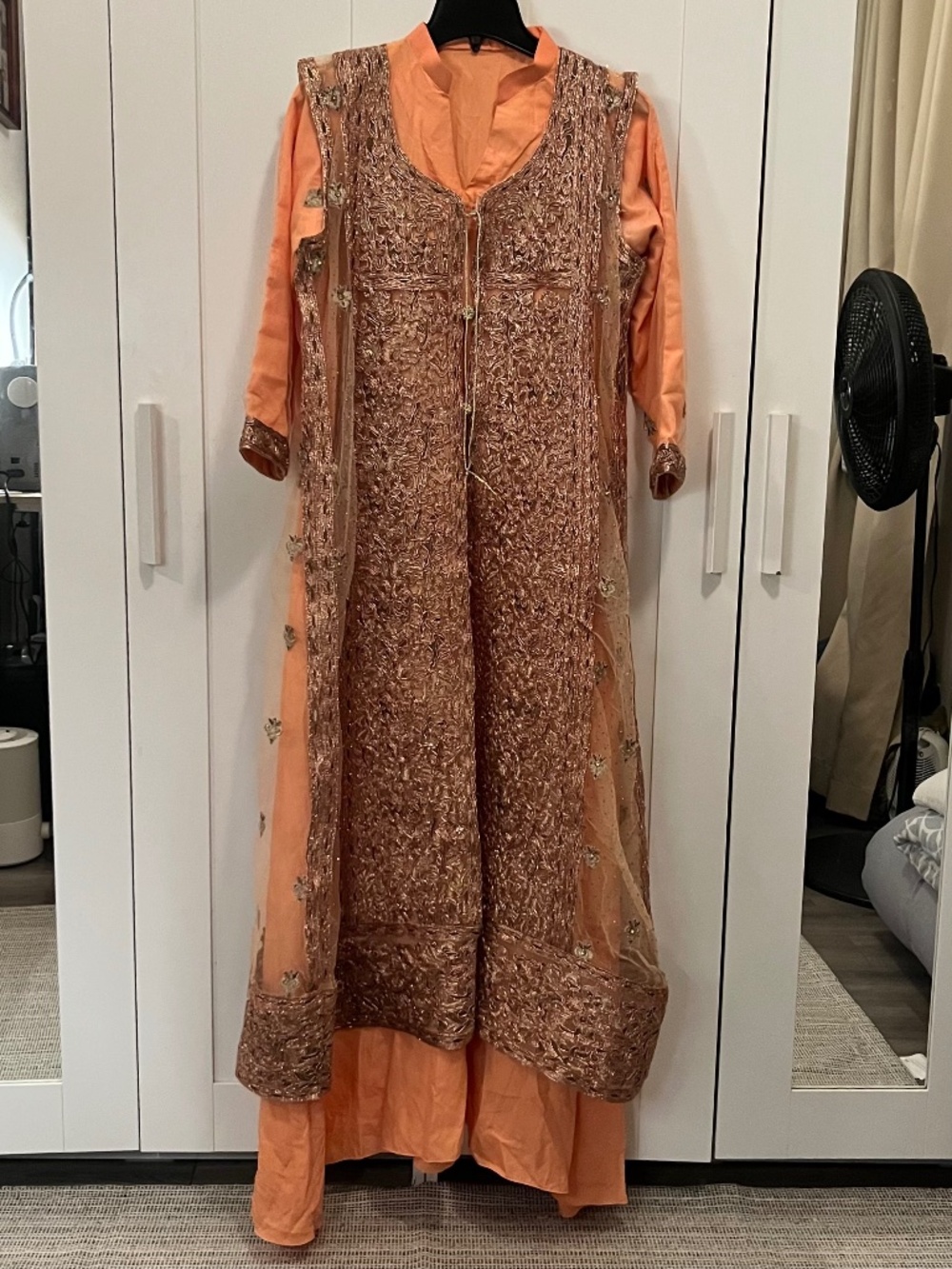 coral orange 4-piece desi dress, pakistani indian dress